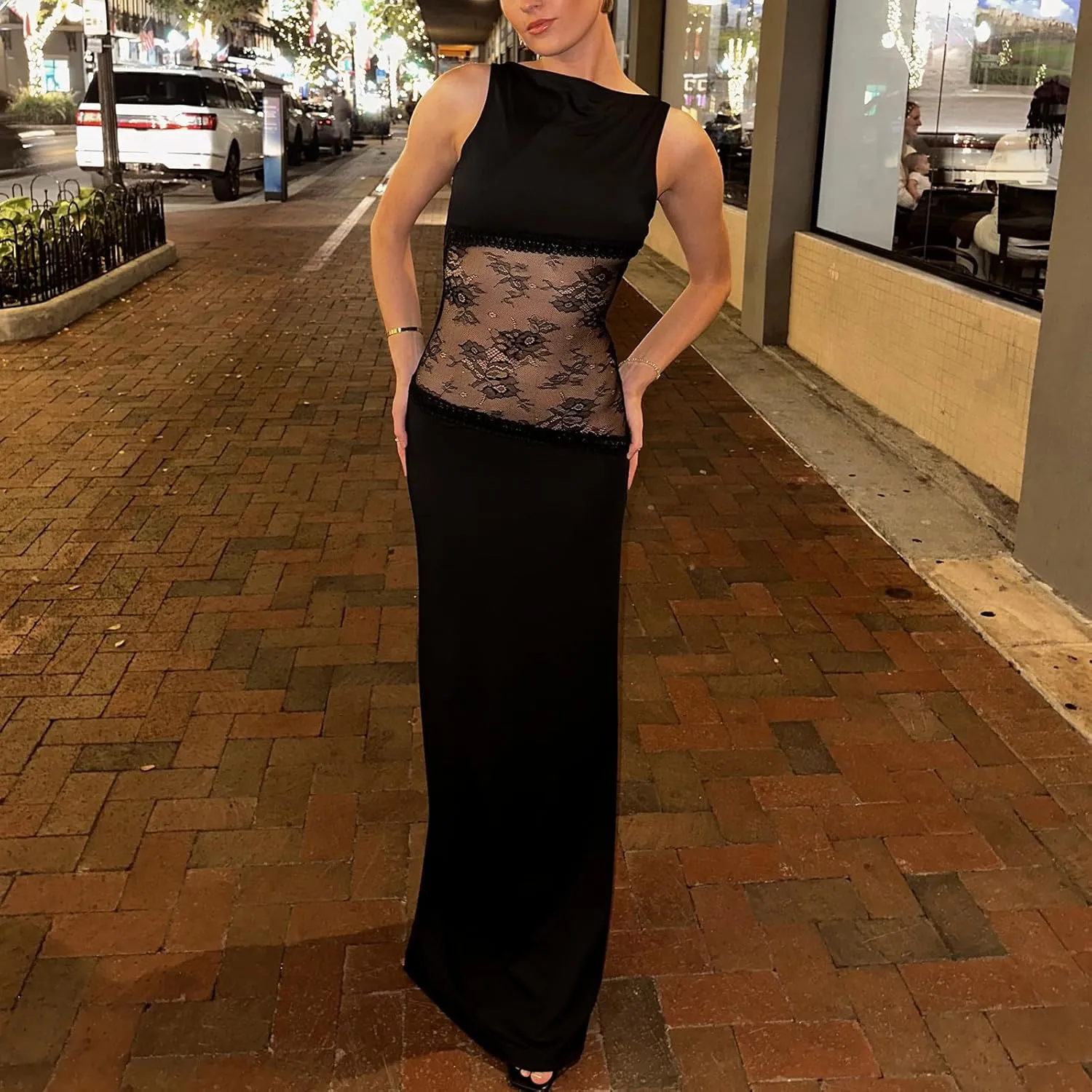 Women Floral Maxi Slip Dress Sexy Backless Spaghetti Strap Long Dress Sleeveless Lace Cut Out Bodycon Split Dress