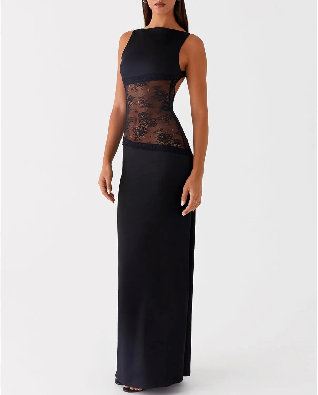 Women Floral Maxi Slip Dress Sexy Backless Spaghetti Strap Long Dress Sleeveless Lace Cut Out Bodycon Split Dress