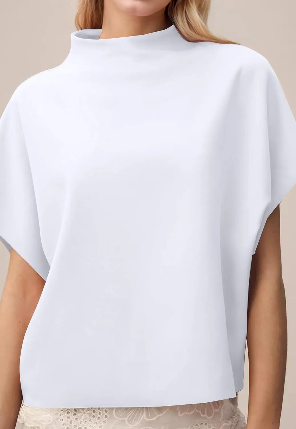 Women Mock Neck Batwing Short Sleeve Loose Tshirt Top Turtle Neck Batwing Sleeve Solid Oversized Tee Shirt Top