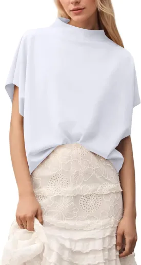 Women Mock Neck Batwing Short Sleeve Loose Tshirt Top Turtle Neck Batwing Sleeve Solid Oversized Tee Shirt Top