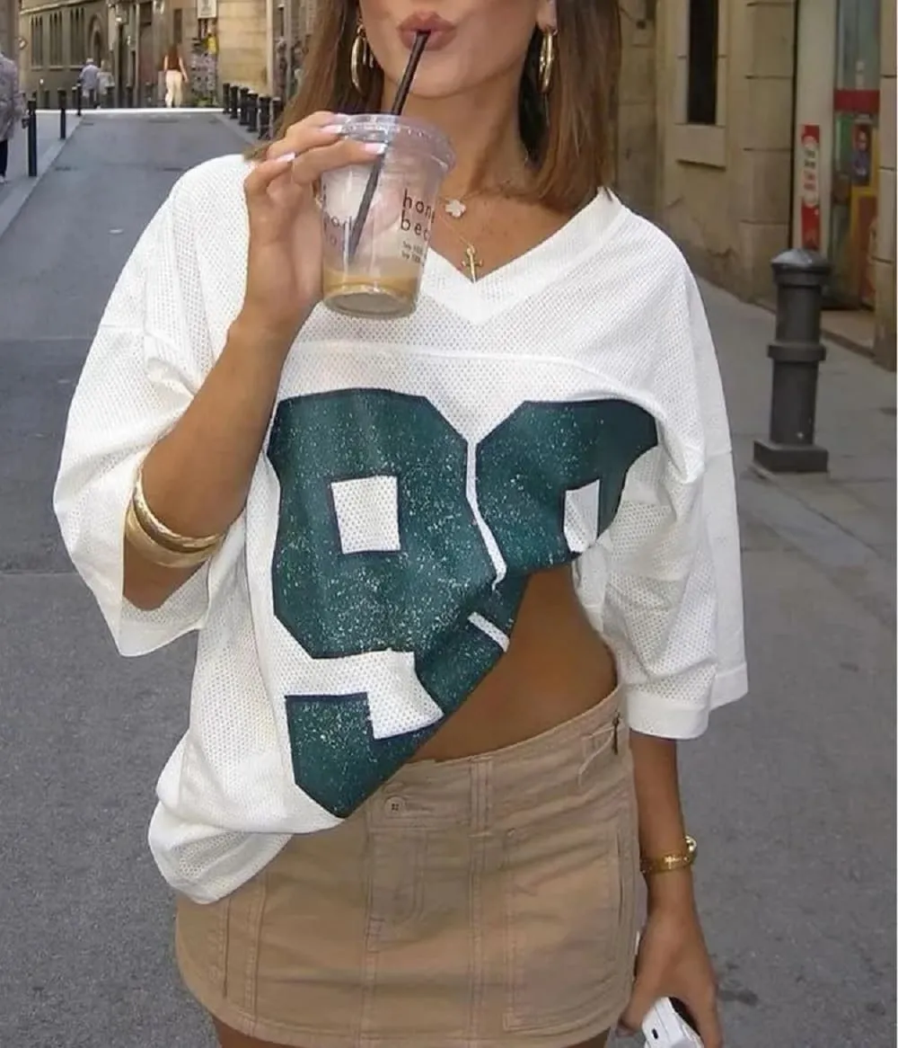 Women Oversized Jersey Shirt Y2k Number Graphic T Shirt Loose Fit Short Sleeve Top Going Out Streetwear