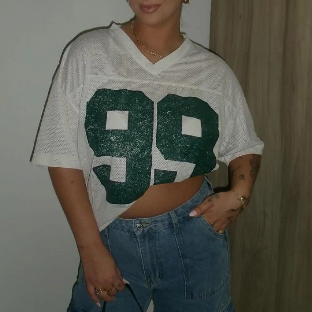 Women Oversized Jersey Shirt Y2k Number Graphic T Shirt Loose Fit Short Sleeve Top Going Out Streetwear