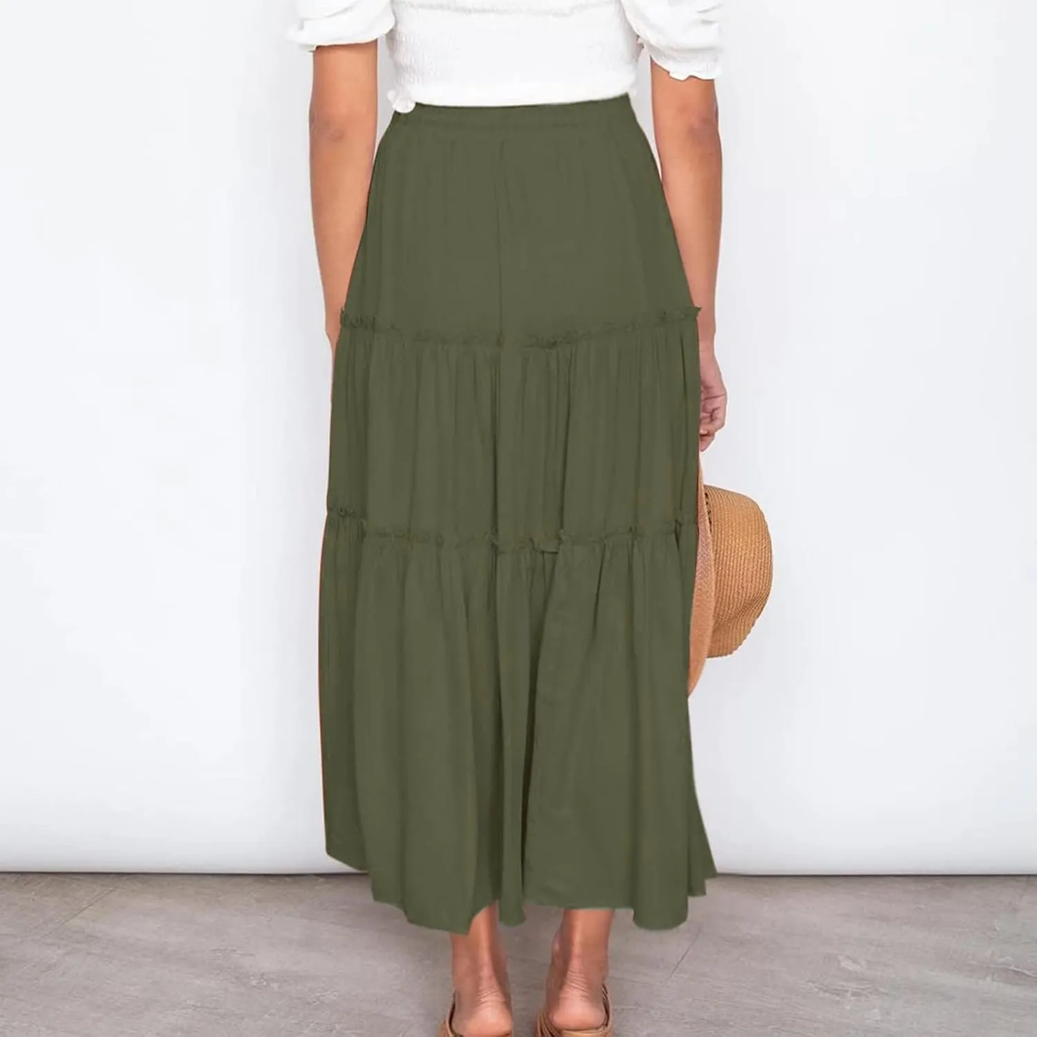 Women's Boho Long Skirts Summer Elastic High Waist A-Line Pleated Flowy Ruffle Hem Swing Beach Holiday Maxi Skirt