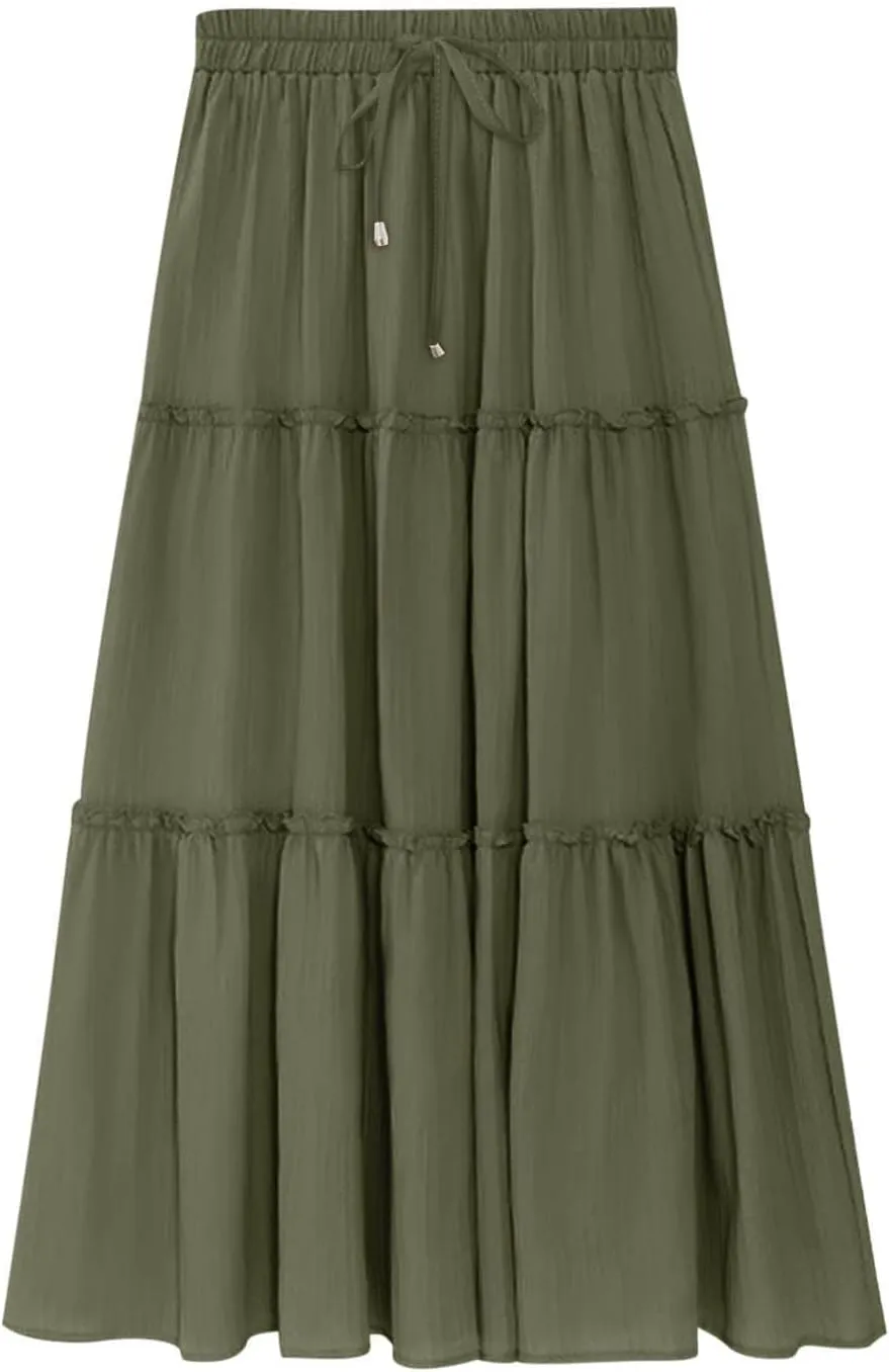 Women's Boho Long Skirts Summer Elastic High Waist A-Line Pleated Flowy Ruffle Hem Swing Beach Holiday Maxi Skirt