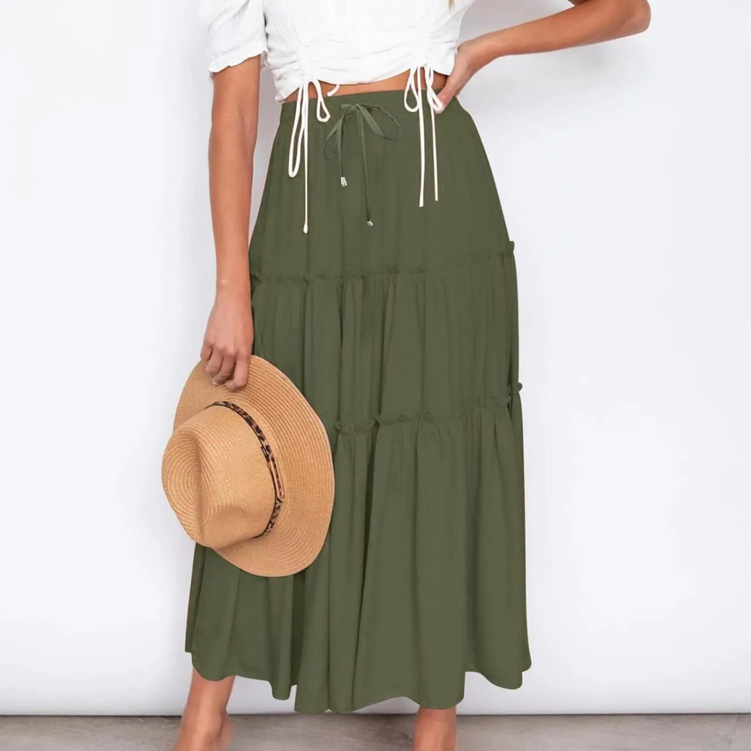 Women's Boho Long Skirts Summer Elastic High Waist A-Line Pleated Flowy Ruffle Hem Swing Beach Holiday Maxi Skirt