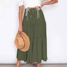 Women's Boho Long Skirts Summer Elastic High Waist A-Line Pleated Flowy Ruffle Hem Swing Beach Holiday Maxi Skirt