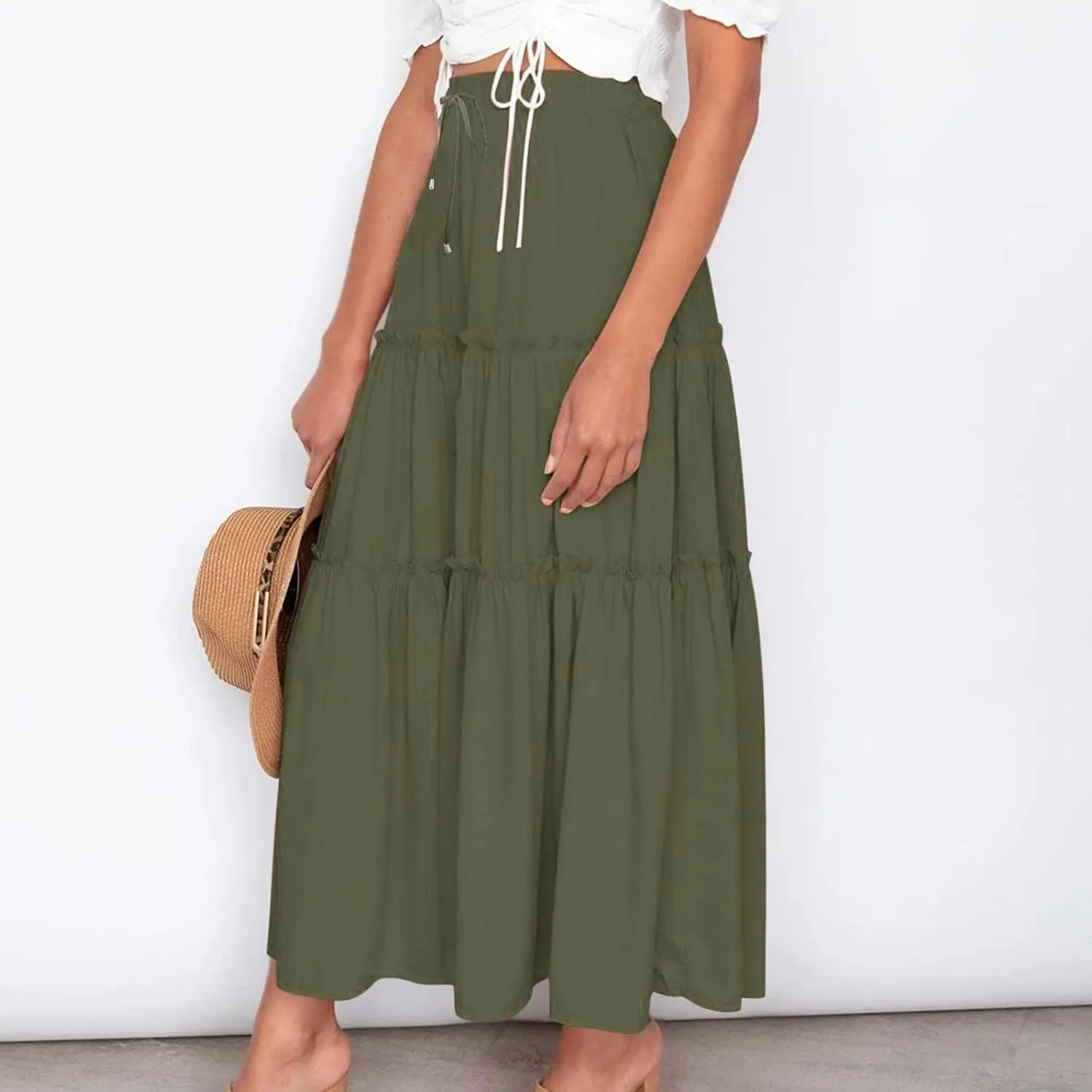 Women's Boho Long Skirts Summer Elastic High Waist A-Line Pleated Flowy Ruffle Hem Swing Beach Holiday Maxi Skirt