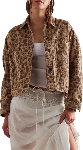 Womens Leopard Denim Jacket Casual Long Sleeve Button Down Loose Cheetah Print Jean Jacket with Pockets