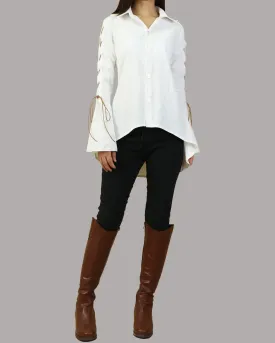Women's linen shirt/Bell Sleeves Shirt tunic dress/Cotton Linen blouse/long sleeve shirt(Y20171)