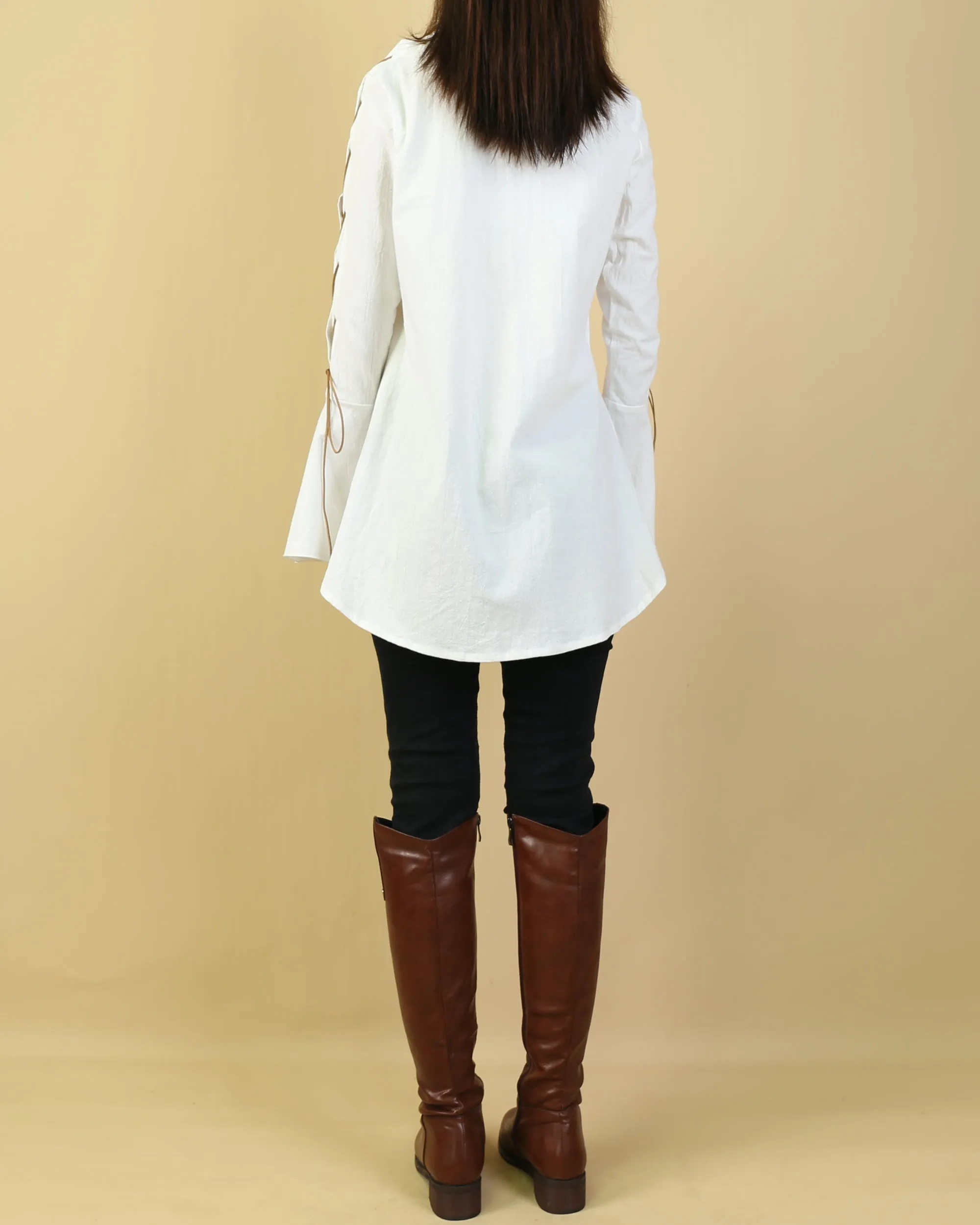 Women's linen shirt/Bell Sleeves Shirt tunic dress/Cotton Linen blouse/long sleeve shirt(Y20171)