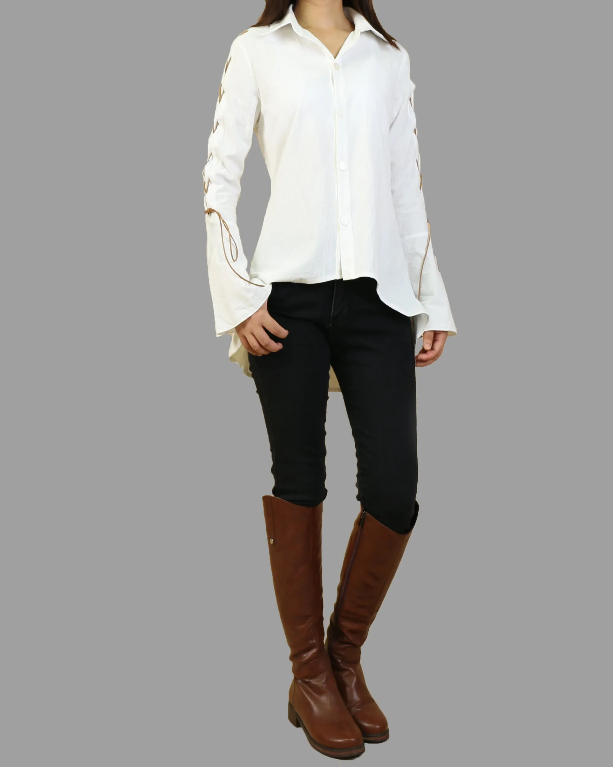 Women's linen shirt/Bell Sleeves Shirt tunic dress/Cotton Linen blouse/long sleeve shirt(Y20171)