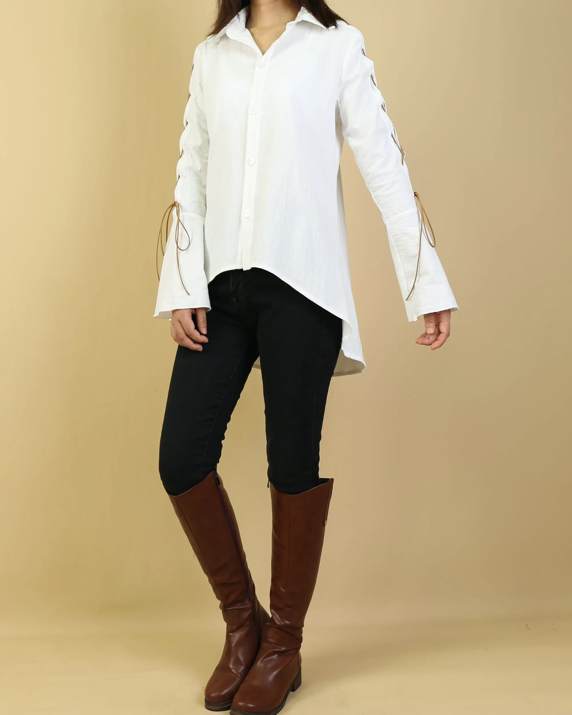 Women's linen shirt/Bell Sleeves Shirt tunic dress/Cotton Linen blouse/long sleeve shirt(Y20171)