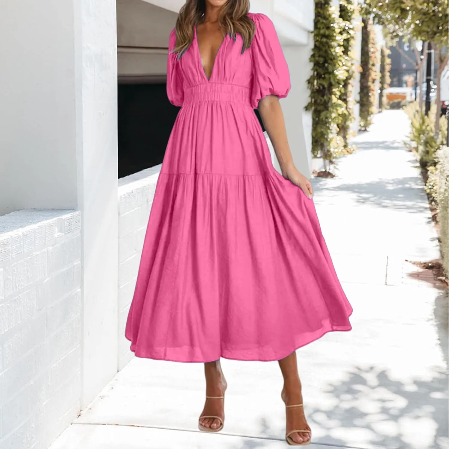 Womens Maxi Dress Deep V Neck Puff Short Sleeve Tiered Dresses Elastic High Waist Flowy A Line Dresses Party Dress