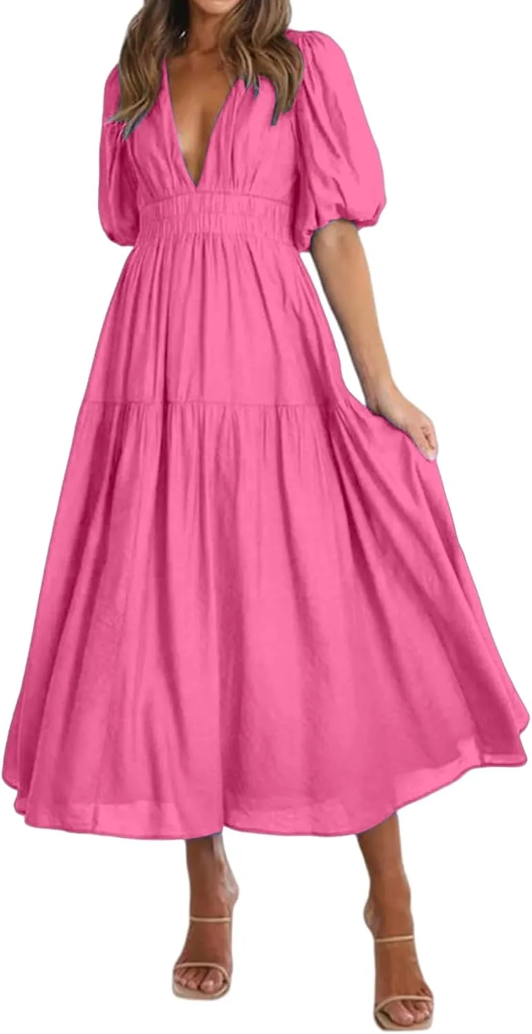 Womens Maxi Dress Deep V Neck Puff Short Sleeve Tiered Dresses Elastic High Waist Flowy A Line Dresses Party Dress