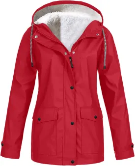 Women's Plus Size Fleece Lined Jacket Waterproof Windproof Snow Ski Hooded Raincoats Outdoor Lightweight Trench Coat