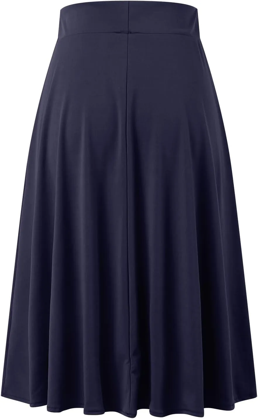 Womens Satin A-Line Skirt Bright Face High Waist Solid Color Side Split Skirt with Zipper Knee Length Office