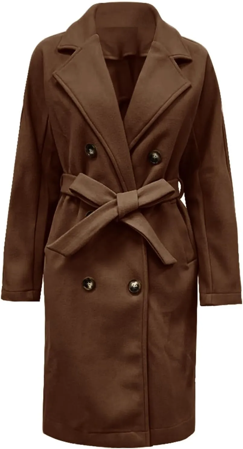 Womens Trench Coat Double Breasted Suit Collar Length Overcoat Warm Windproof Work Business Classic Outwear with Belt