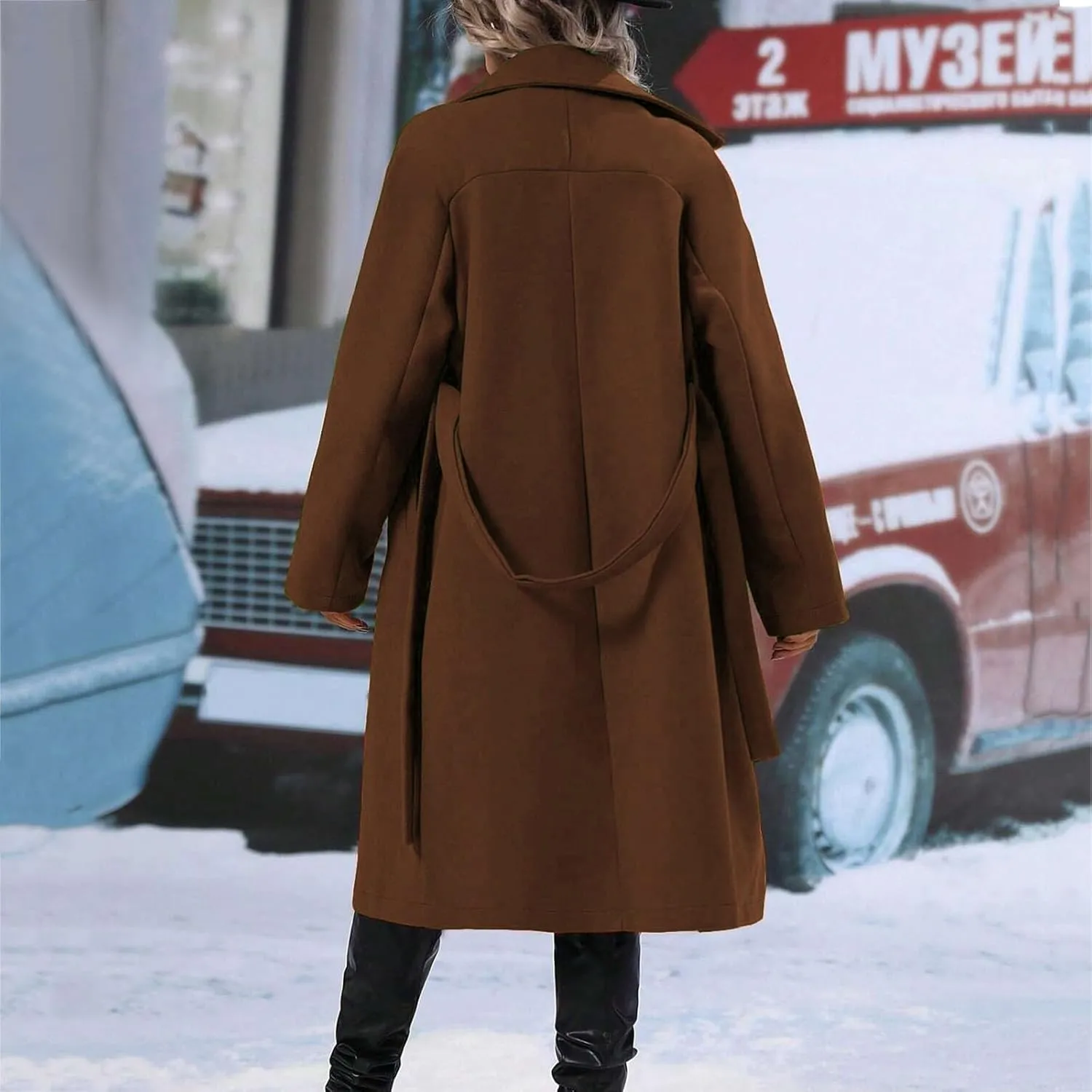 Womens Trench Coat Double Breasted Suit Collar Length Overcoat Warm Windproof Work Business Classic Outwear with Belt