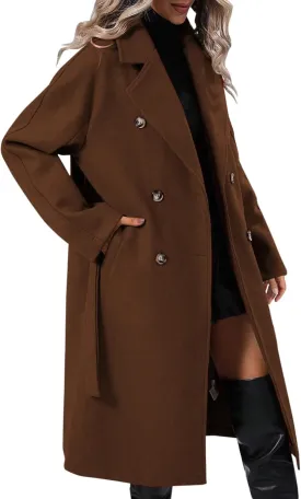 Womens Trench Coat Double Breasted Suit Collar Length Overcoat Warm Windproof Work Business Classic Outwear with Belt