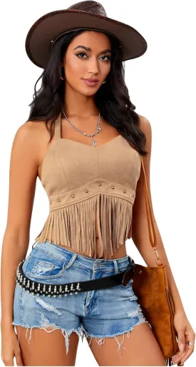Women's Y2K Fringe Halter Western Cowgirl Tie Tank Top Tassel Rivet Faux Suede Hippie Crop Top 70s 60s Vintage