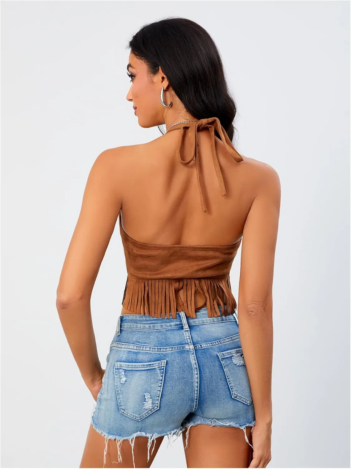 Women's Y2K Fringe Halter Western Cowgirl Tie Tank Top Tassel Rivet Faux Suede Hippie Crop Top 70s 60s Vintage