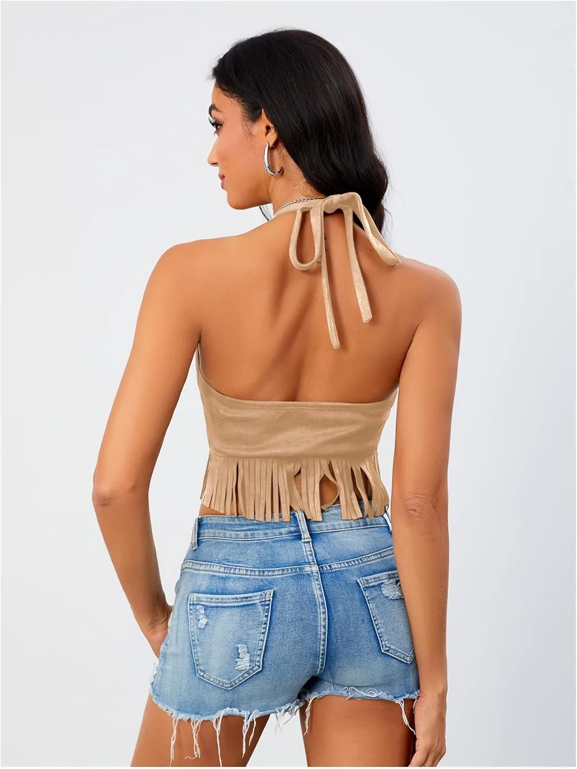 Women's Y2K Fringe Halter Western Cowgirl Tie Tank Top Tassel Rivet Faux Suede Hippie Crop Top 70s 60s Vintage