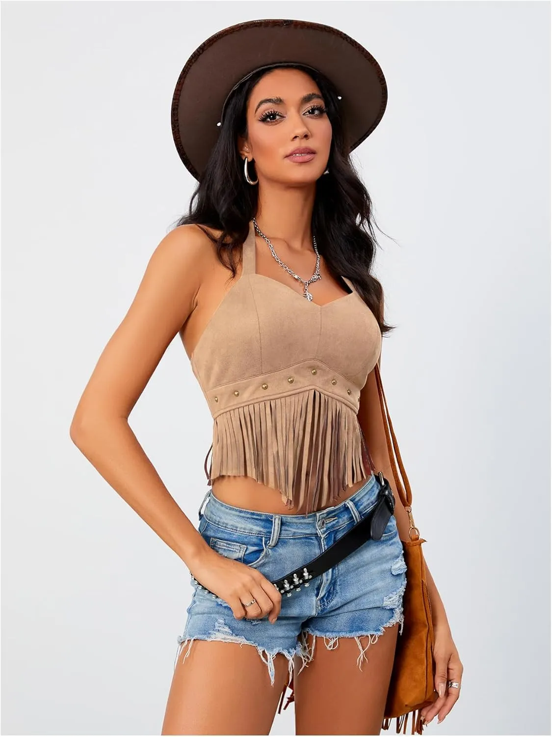 Women's Y2K Fringe Halter Western Cowgirl Tie Tank Top Tassel Rivet Faux Suede Hippie Crop Top 70s 60s Vintage