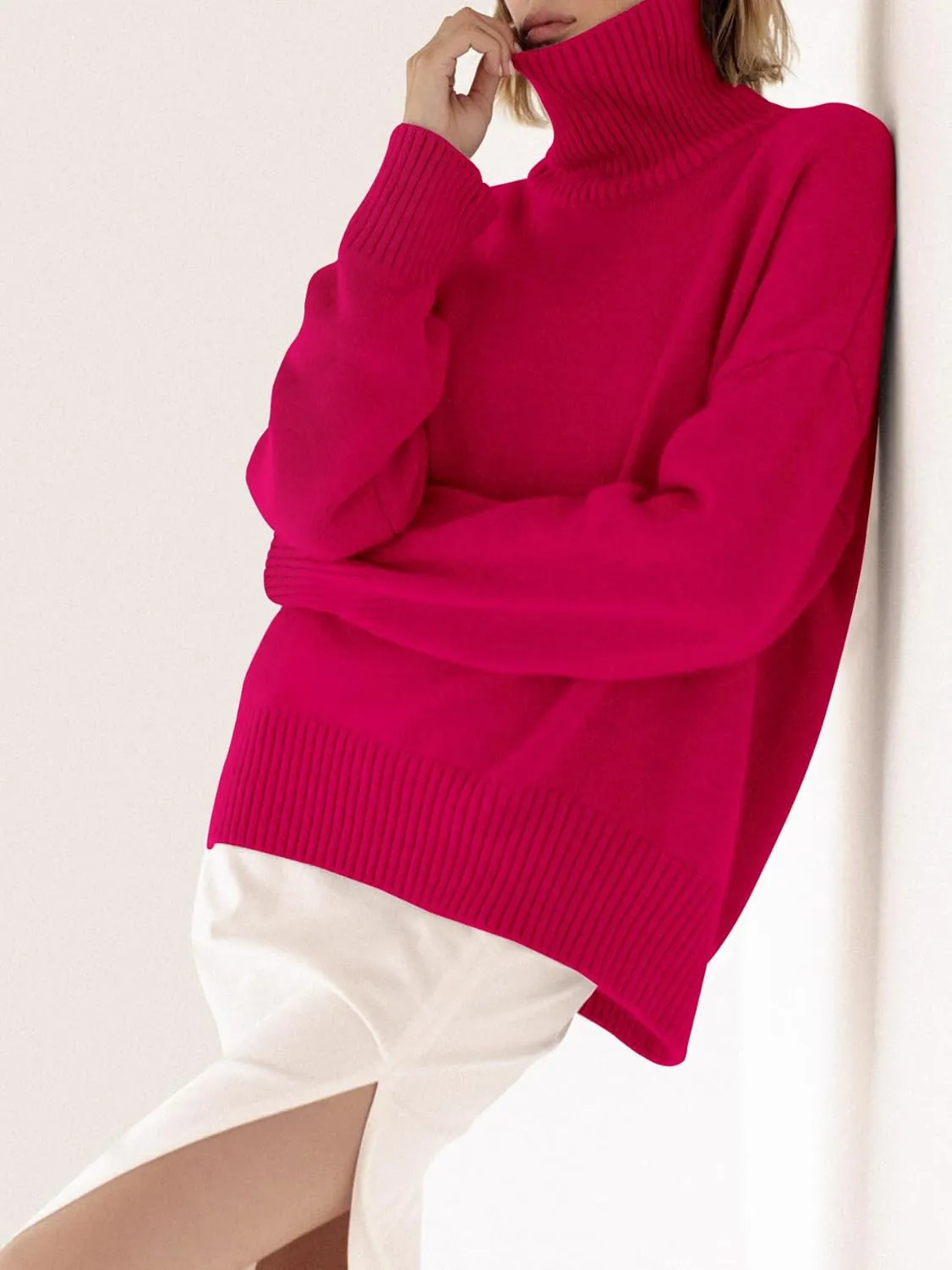 YKR Women's Turtleneck Sweater Chunky Long Sleeve Knitted Pullover High Low Hem Trendy 2024 Fall Winter Basic Jumper Top