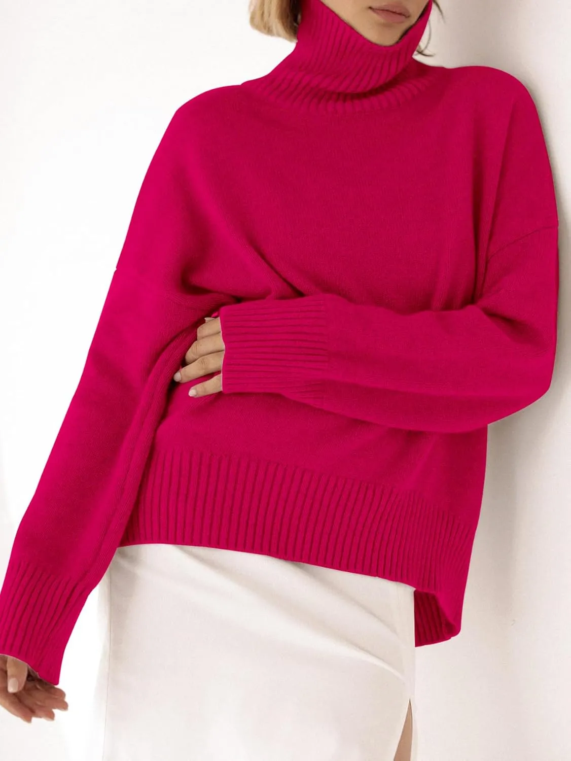 YKR Women's Turtleneck Sweater Chunky Long Sleeve Knitted Pullover High Low Hem Trendy 2024 Fall Winter Basic Jumper Top