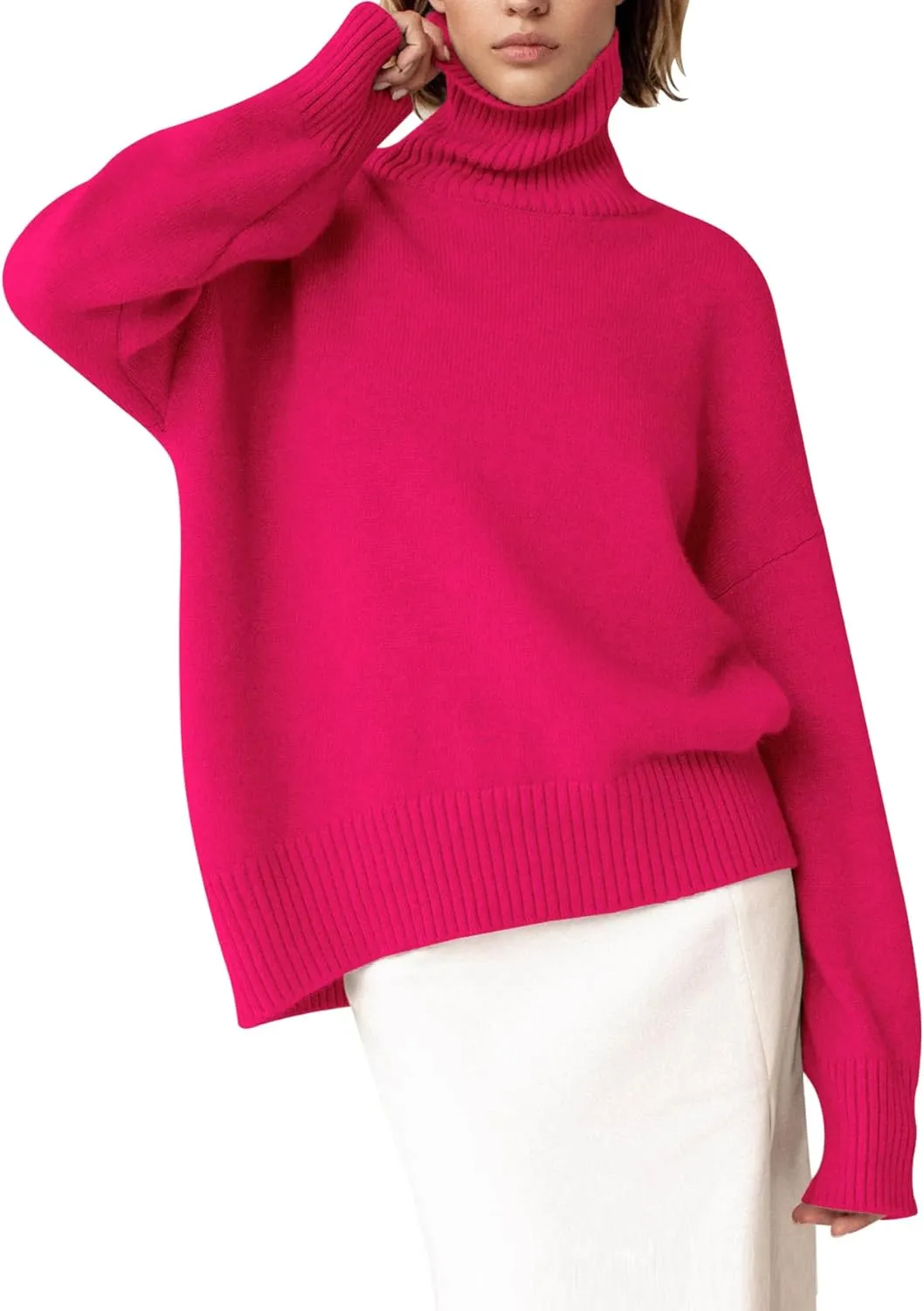 YKR Women's Turtleneck Sweater Chunky Long Sleeve Knitted Pullover High Low Hem Trendy 2024 Fall Winter Basic Jumper Top