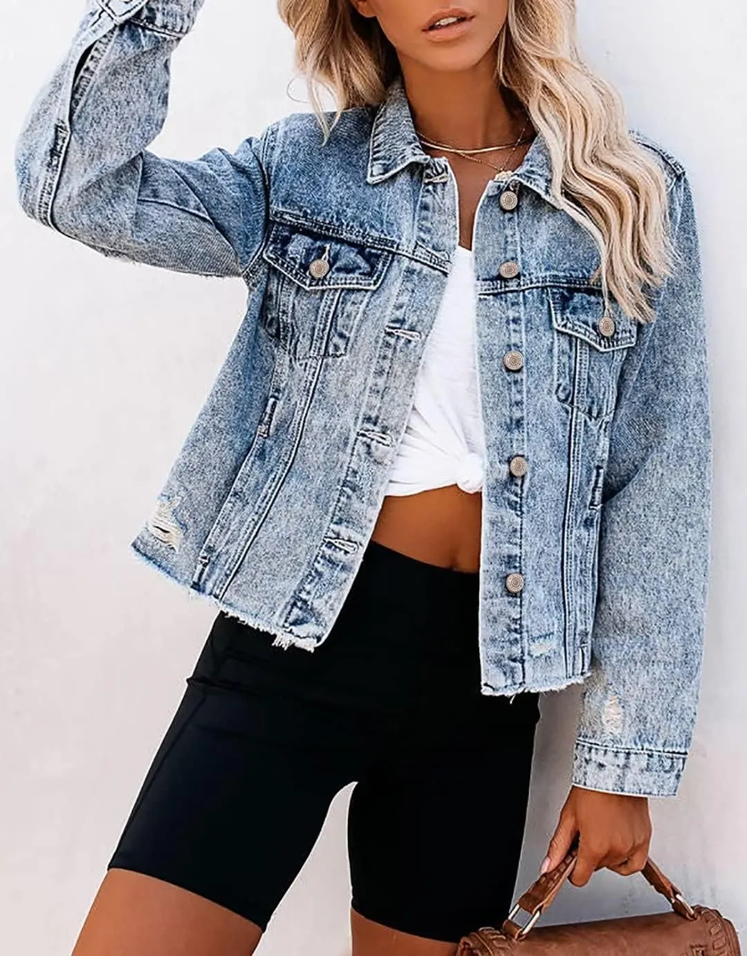 ZOLUCKY Womens Denim Jacket Distressed Frayed Ripped Jean Jacket Casual Button Down Light Jackets