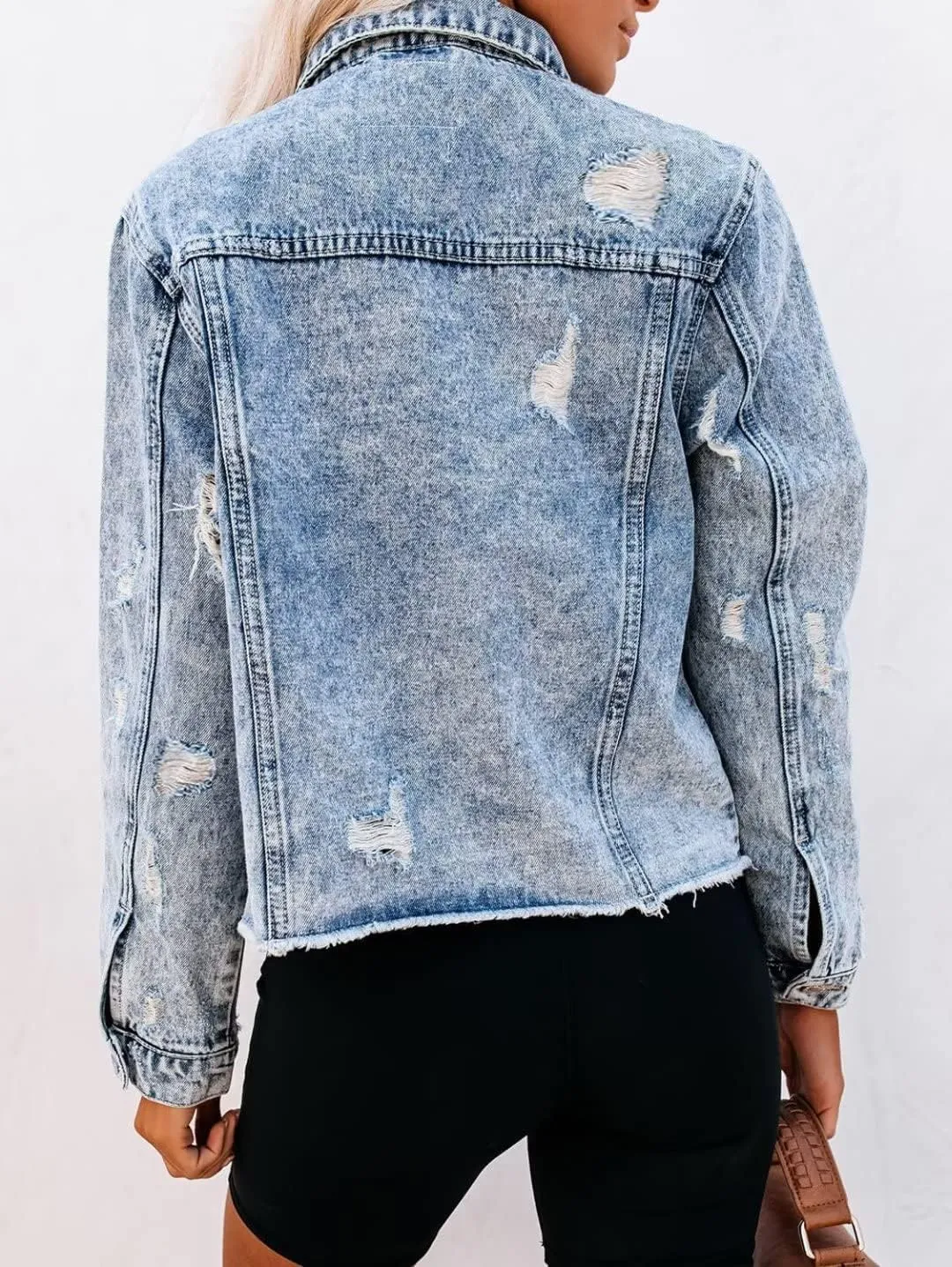 ZOLUCKY Womens Denim Jacket Distressed Frayed Ripped Jean Jacket Casual Button Down Light Jackets