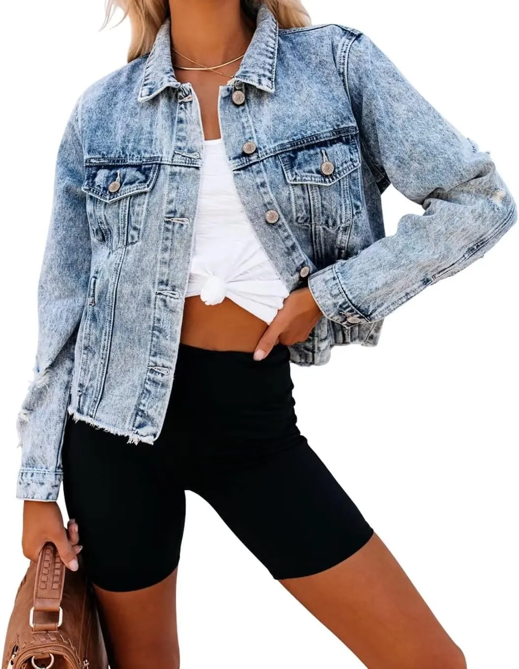 ZOLUCKY Womens Denim Jacket Distressed Frayed Ripped Jean Jacket Casual Button Down Light Jackets