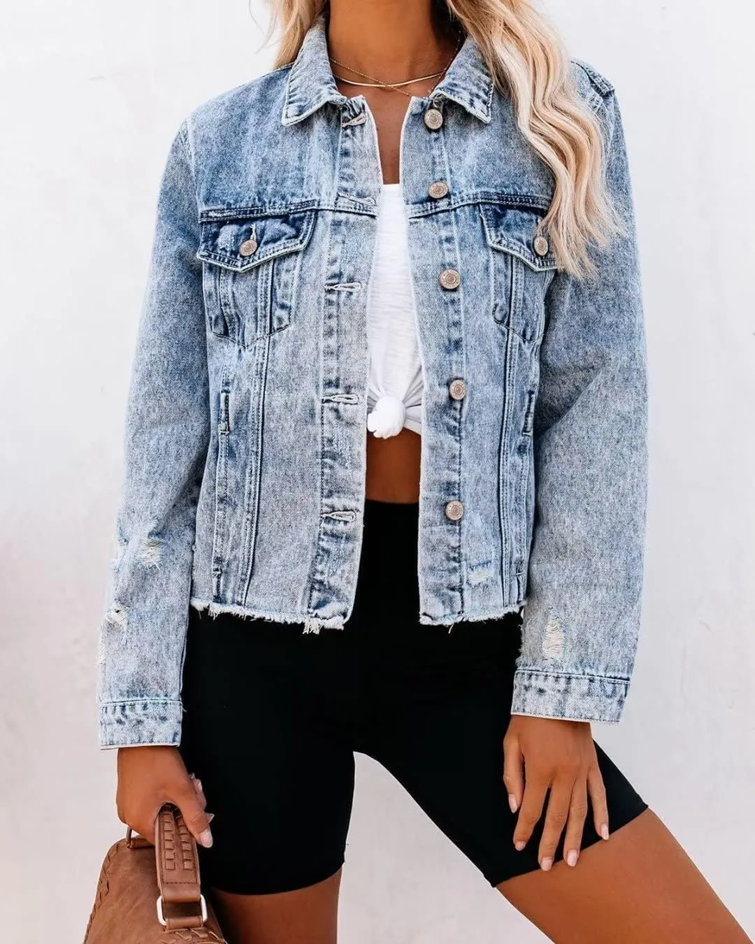 ZOLUCKY Womens Denim Jacket Distressed Frayed Ripped Jean Jacket Casual Button Down Light Jackets