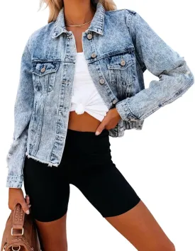 ZOLUCKY Womens Denim Jacket Distressed Frayed Ripped Jean Jacket Casual Button Down Light Jackets